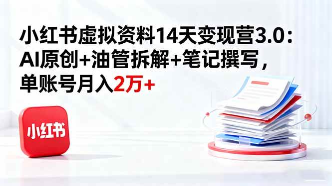 （16273期）小红书虚拟资料14天变现营3.0：AI原创+油管拆解+笔记撰写，单账号月入2万+-优优久网创