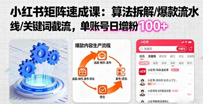 （16231期）小红书矩阵起号速成课：算法拆解/爆款流水线/关键词截流 单账号日增粉100+-优优久网创